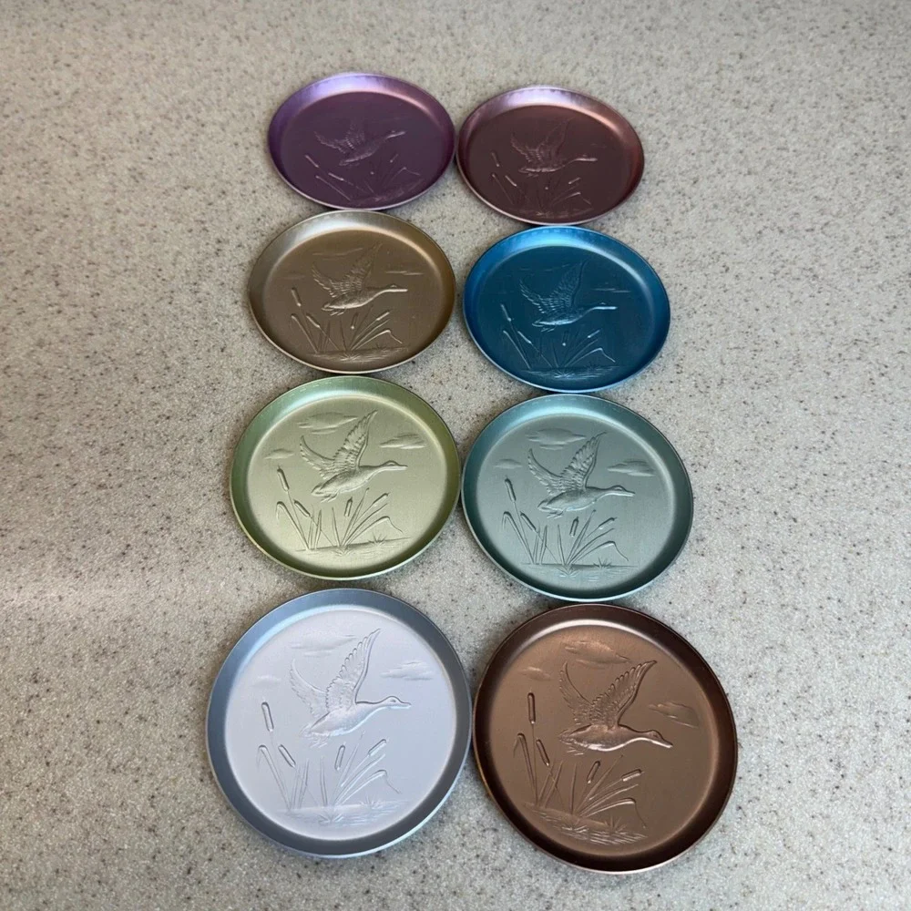 Vintage Anodized Aluminum Coasters Set of 8 Embossed Flying Duck Mallard Pastels